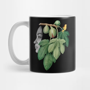 Surreal Collage Art with a girl, fig, bird and plants Mug